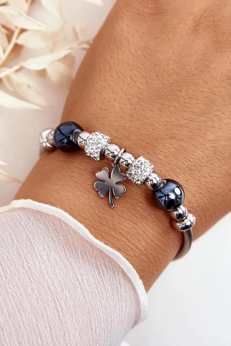 Bransoletki>Boto Stalowa Bransoletka Z Charmsami Koniczyna Srebrno-Czarna