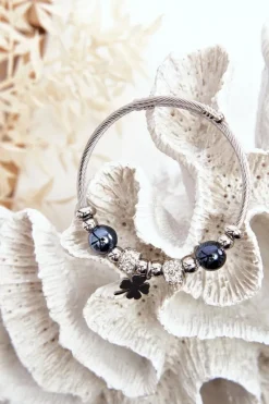 Bransoletki>Boto Stalowa Bransoletka Z Charmsami Koniczyna Srebrno-Czarna