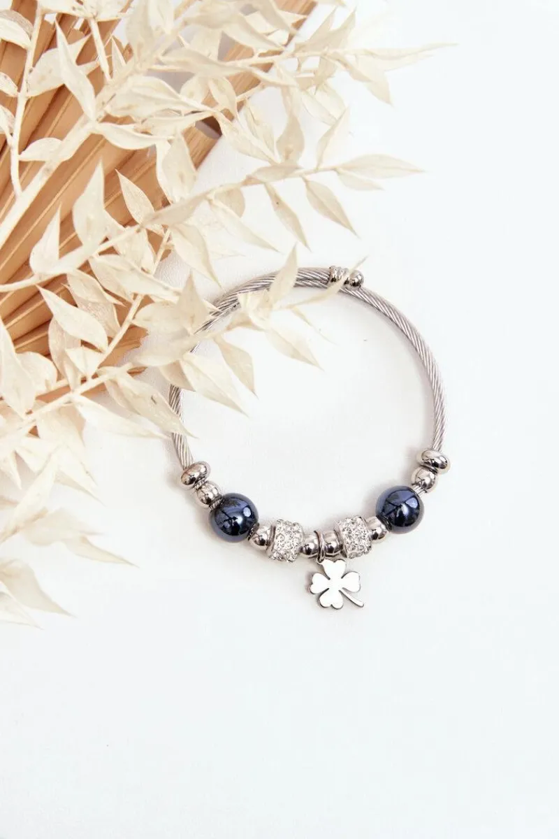 Bransoletki>Boto Stalowa Bransoletka Z Charmsami Koniczyna Srebrno-Czarna