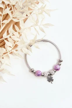 Sale Stalowa Bransoletka Z Charmsami Koniczyna Srebrno-Fioletowa Bransoletki