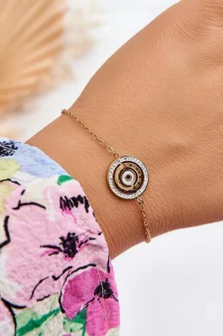 Outlet Stalowa Bransoletka Z Kołem I Cyrkoniami Złota Bransoletki