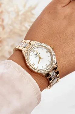 Clearance Stalowy Masywny Zegarek Z Cyrkoniami Złoty Zegarki