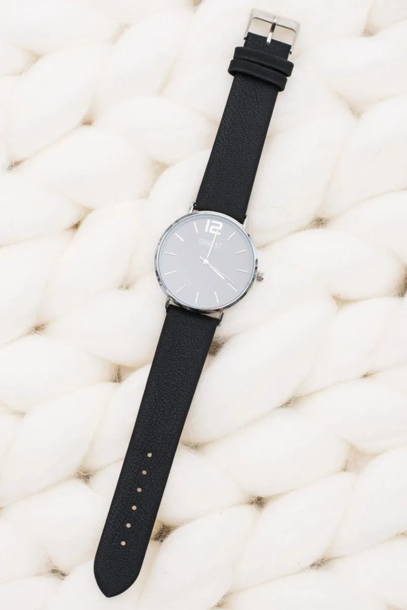 Outlet Ernest Stylowy Skórzany Czarny Damski Zegarek