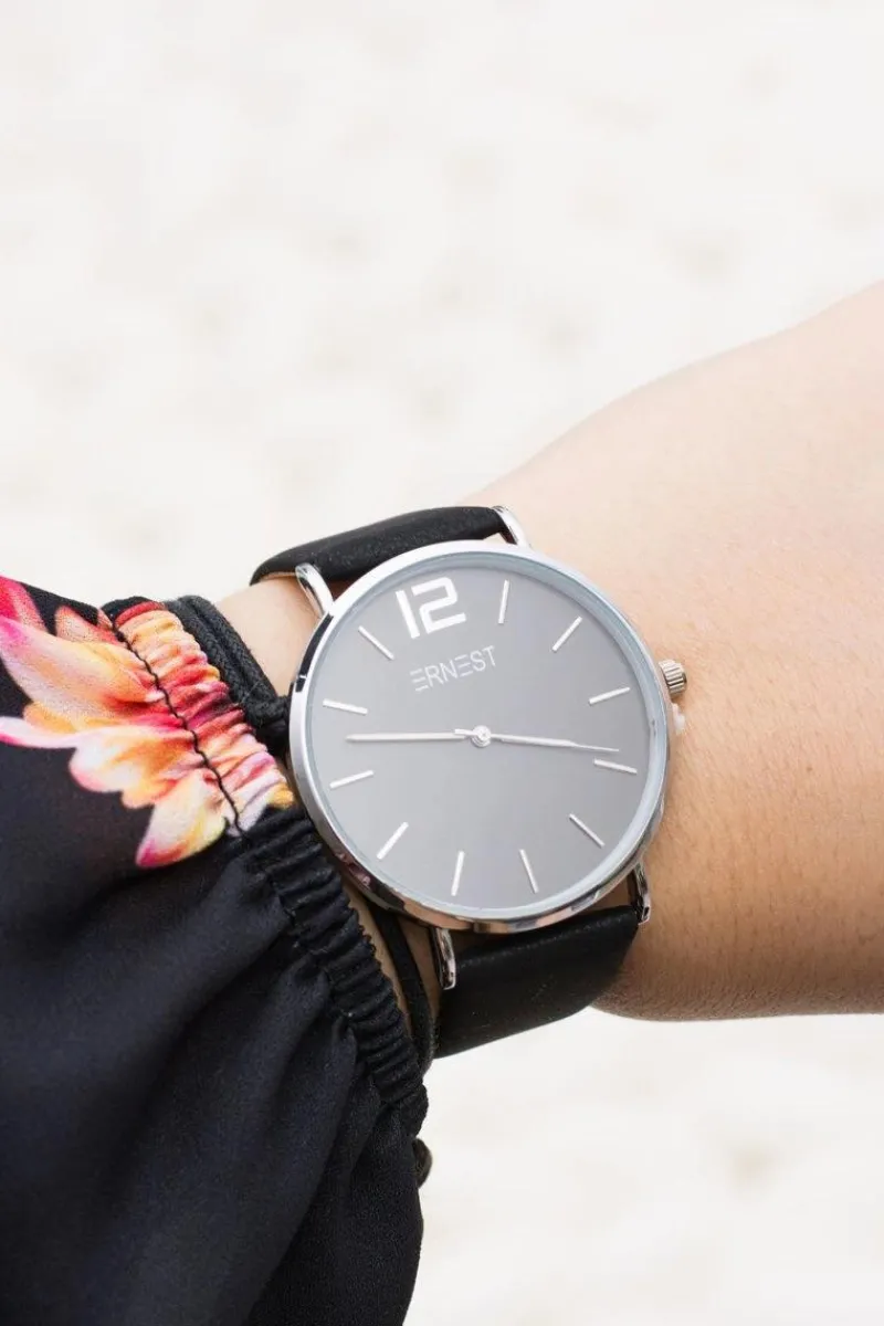 Outlet Ernest Stylowy Skórzany Czarny Damski Zegarek