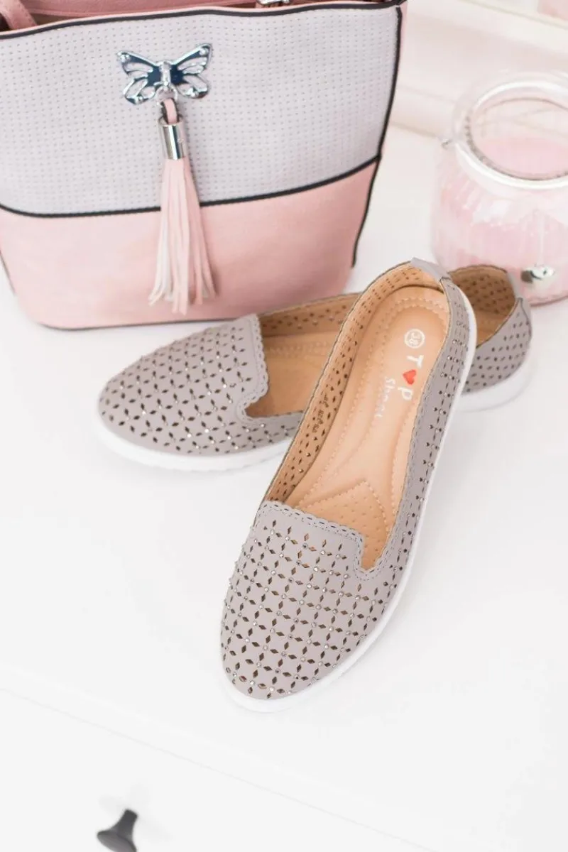 Boto Szare Damskie Baleriny Lordsy z Cyrkoniami Hortense