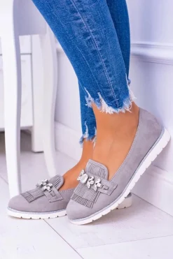 Online Boto Szare Zamszowe Mokasyny z Kryształami Vivaro