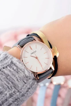 Ernest Szary Elegancki Skórzany Damski Zegarek