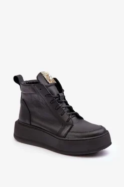 Botki Sznurowane|Czarne Botki>Boto Sznurowane Botki Damskie Z Ozdobą Skórzane Czarne Nicole 2833