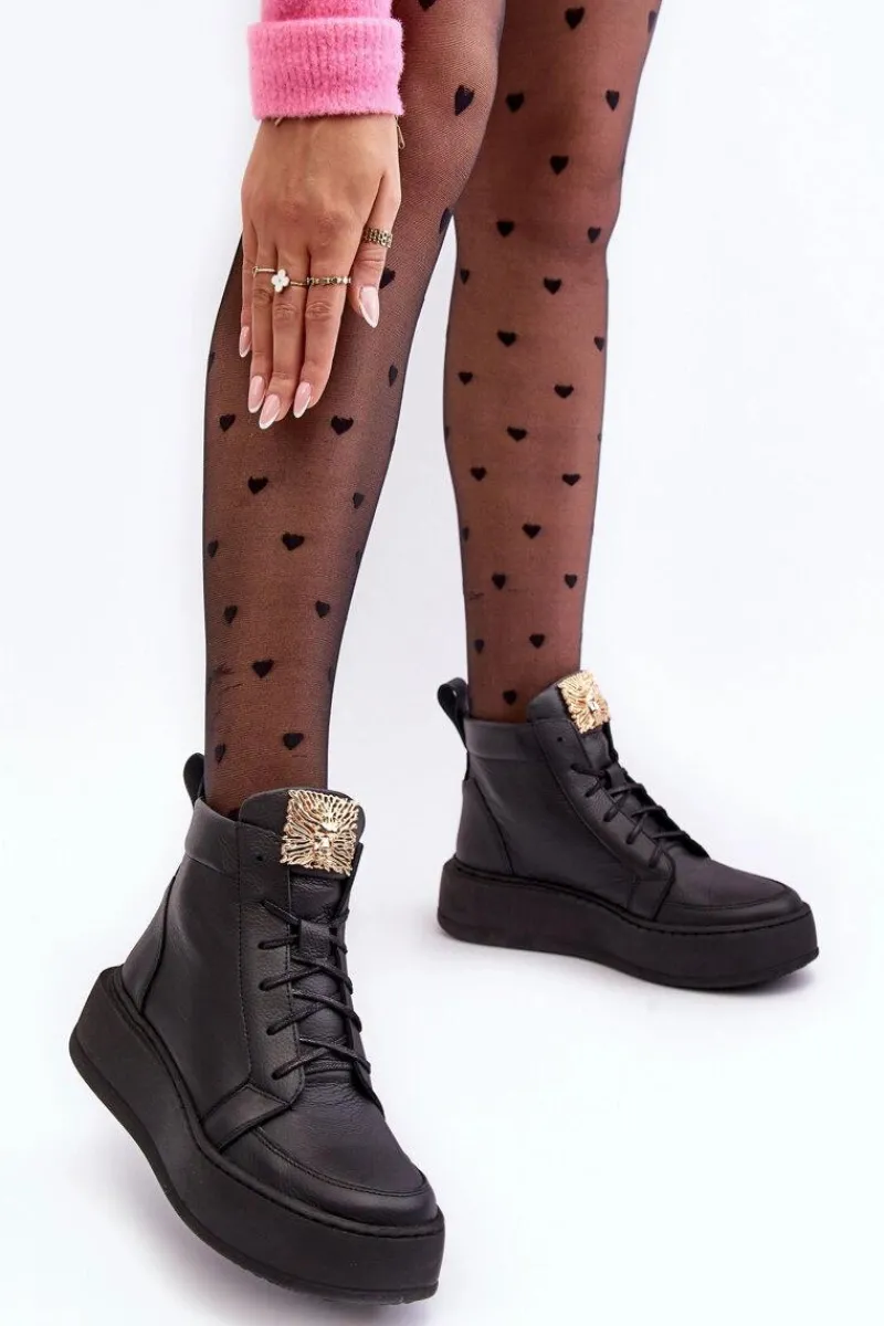 Botki Sznurowane|Czarne Botki>Boto Sznurowane Botki Damskie Z Ozdobą Skórzane Czarne Nicole 2833