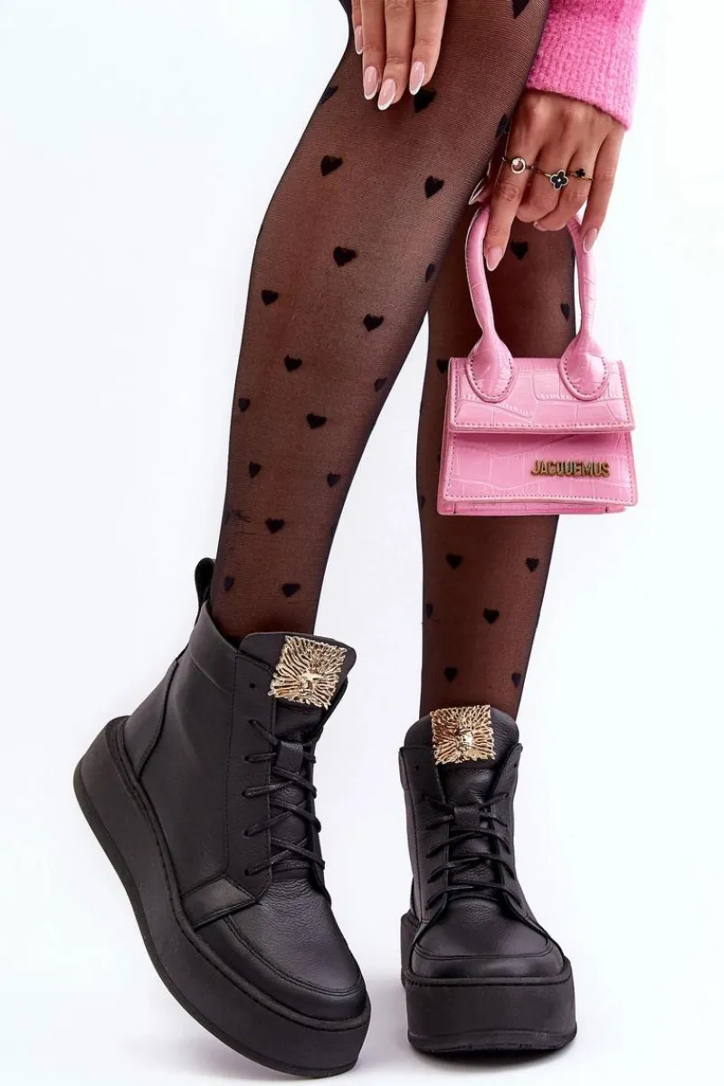 Botki Sznurowane|Czarne Botki>Boto Sznurowane Botki Damskie Z Ozdobą Skórzane Czarne Nicole 2833