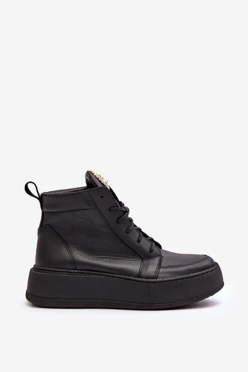 Botki Sznurowane|Czarne Botki>Boto Sznurowane Botki Damskie Z Ozdobą Skórzane Czarne Nicole 2833