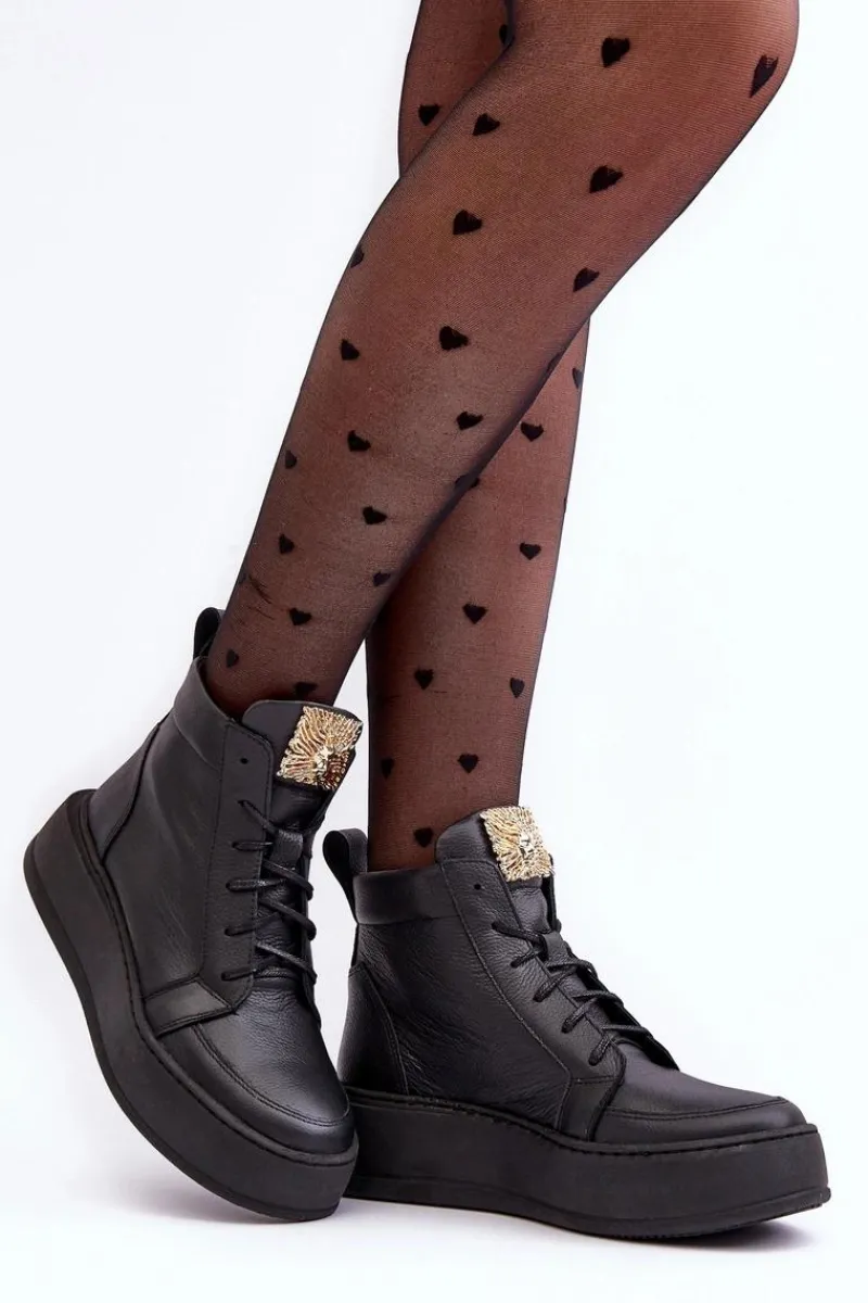 Botki Sznurowane|Czarne Botki>Boto Sznurowane Botki Damskie Z Ozdobą Skórzane Czarne Nicole 2833