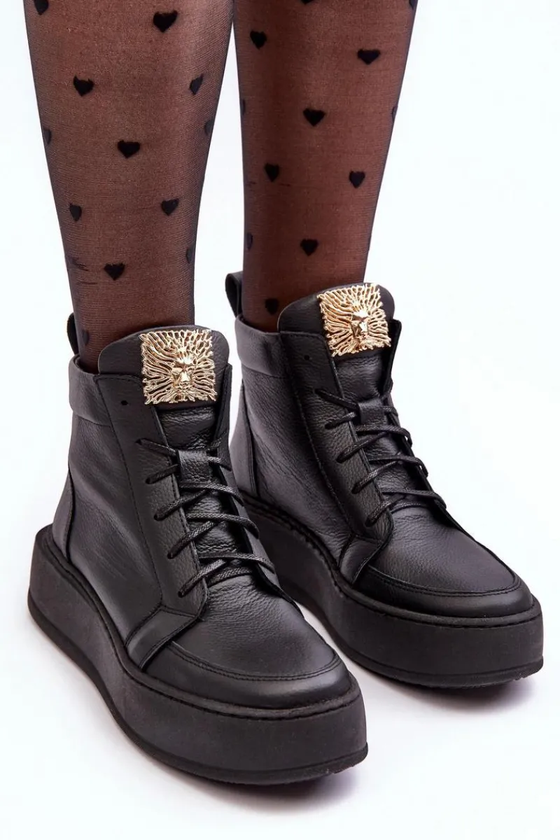 Botki Sznurowane|Czarne Botki>Boto Sznurowane Botki Damskie Z Ozdobą Skórzane Czarne Nicole 2833