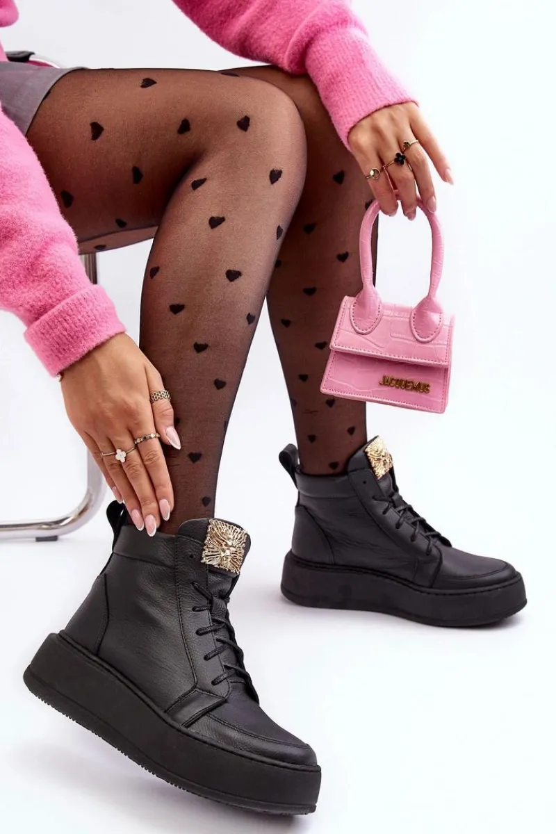 Botki Sznurowane|Czarne Botki>Boto Sznurowane Botki Damskie Z Ozdobą Skórzane Czarne Nicole 2833