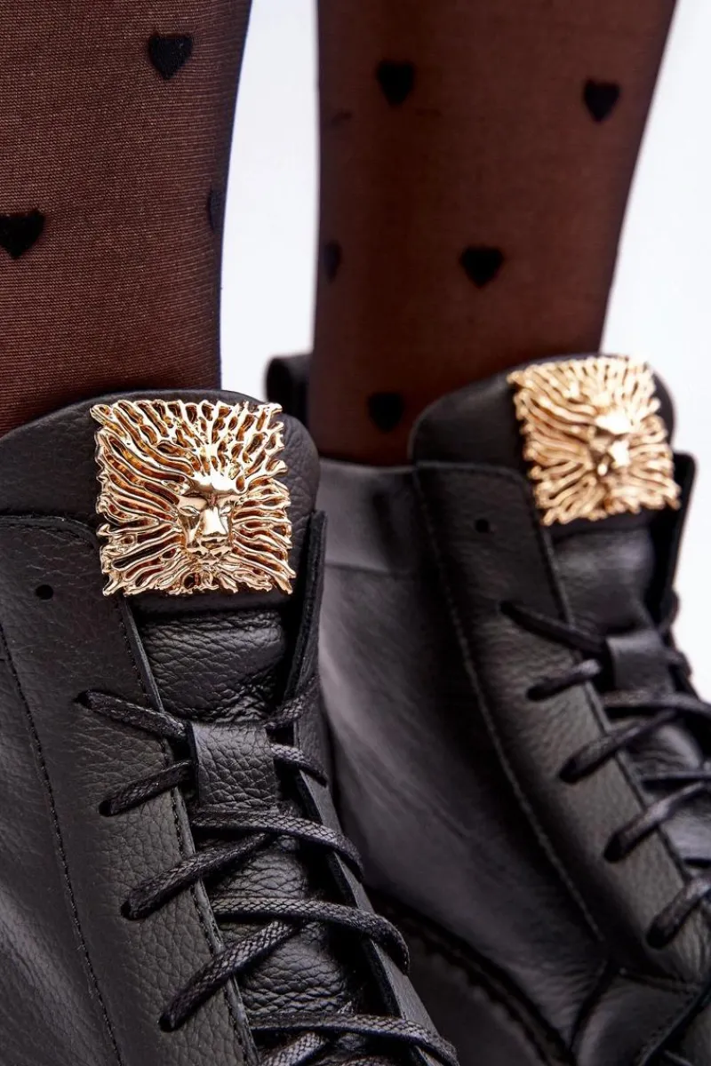 Botki Sznurowane|Czarne Botki>Boto Sznurowane Botki Damskie Z Ozdobą Skórzane Czarne Nicole 2833