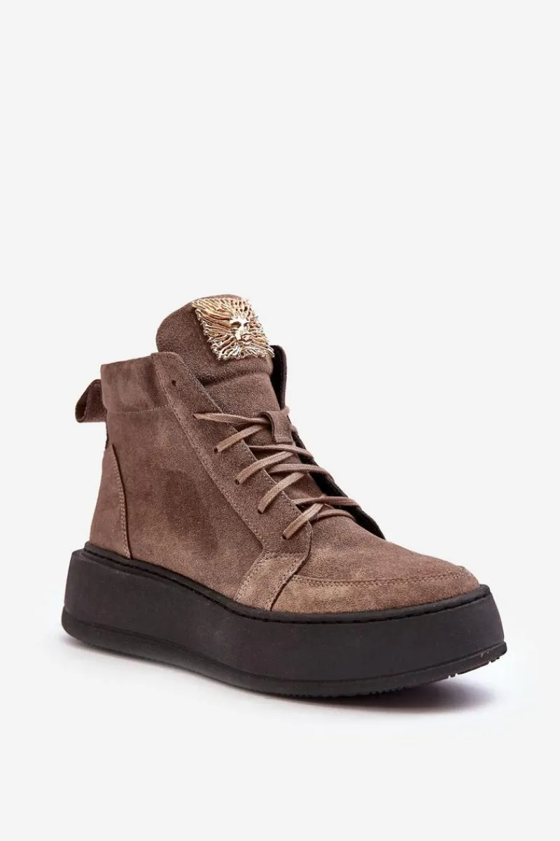 Botki Sznurowane|Brązowe I Beżowe Botki>Boto Sznurowane Botki Damskie Z Ozdobą Skórzane Ciemnobeżowe Nicole 2833