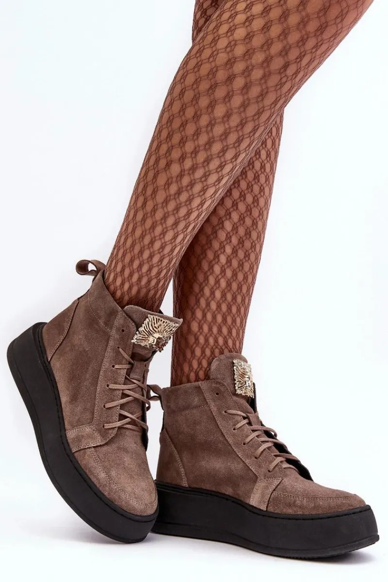 Botki Sznurowane|Brązowe I Beżowe Botki>Boto Sznurowane Botki Damskie Z Ozdobą Skórzane Ciemnobeżowe Nicole 2833