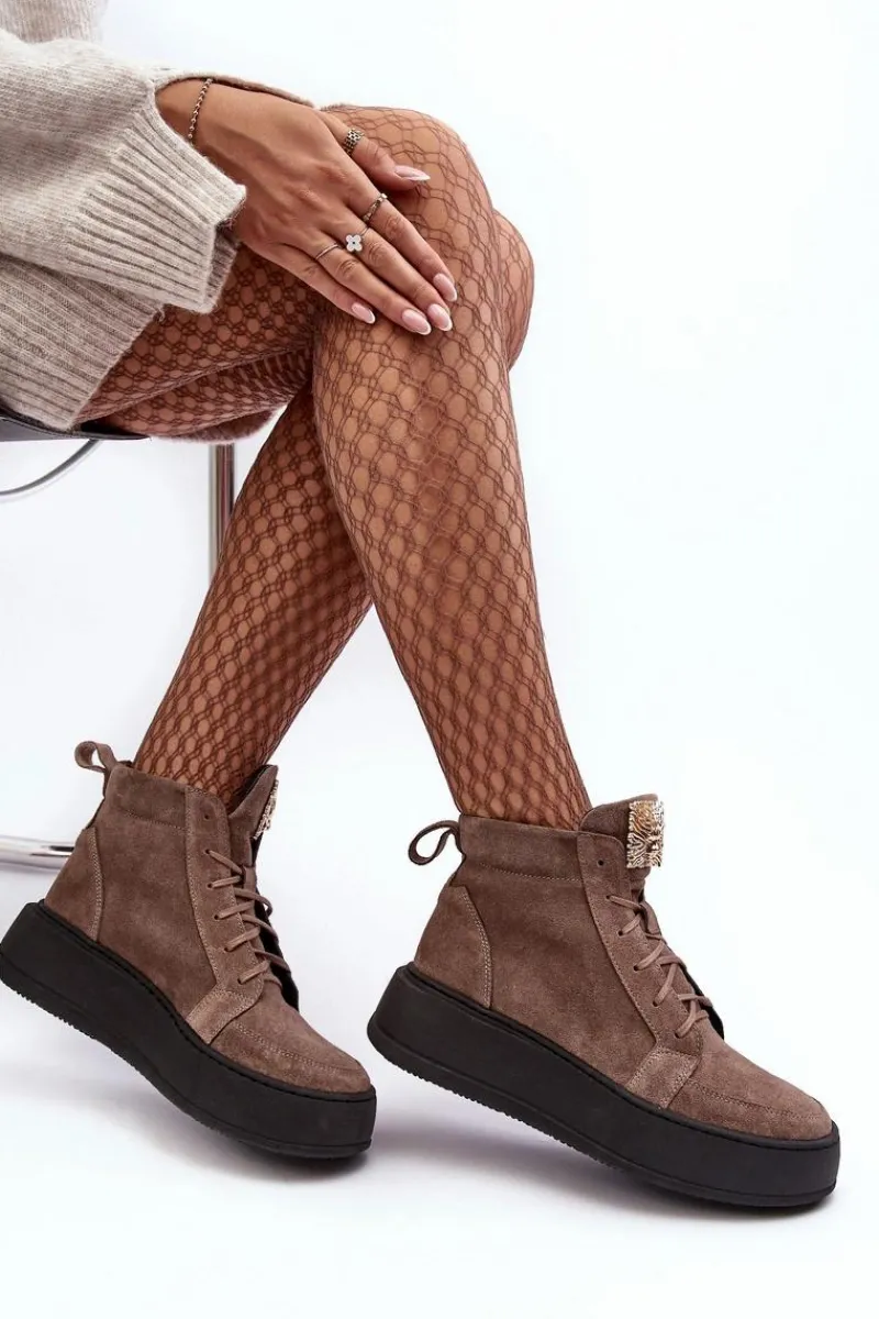 Botki Sznurowane|Brązowe I Beżowe Botki>Boto Sznurowane Botki Damskie Z Ozdobą Skórzane Ciemnobeżowe Nicole 2833