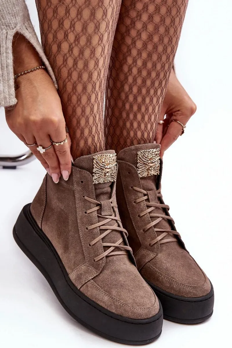 Botki Sznurowane|Brązowe I Beżowe Botki>Boto Sznurowane Botki Damskie Z Ozdobą Skórzane Ciemnobeżowe Nicole 2833