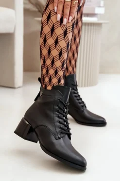 Botki Ocieplane|Botki Skórzane>Buty damskie Vinceza Sznurowane Botki Damskie Na Obcasie Ze Skóry Naturalnej Ocieplane Czarne Vinceza 91110