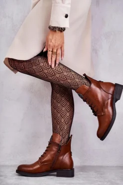 Discount Sznurowane Botki Na Płaskim Obcasie Karmelowe Grete Damskie Botki Sznurowane|Czarne Botki