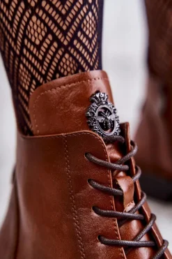 Discount Sznurowane Botki Na Płaskim Obcasie Karmelowe Grete Damskie Botki Sznurowane|Czarne Botki