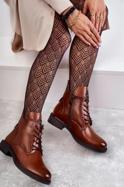 Discount Sznurowane Botki Na Płaskim Obcasie Karmelowe Grete Damskie Botki Sznurowane|Czarne Botki