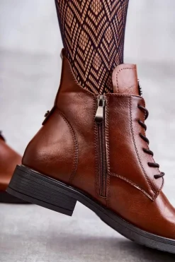 Discount Sznurowane Botki Na Płaskim Obcasie Karmelowe Grete Damskie Botki Sznurowane|Czarne Botki