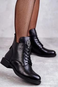Online Sznurowane Botki Na Płaskim Obcasie Czarne Grete Damskie Botki Sznurowane|Czarne Botki