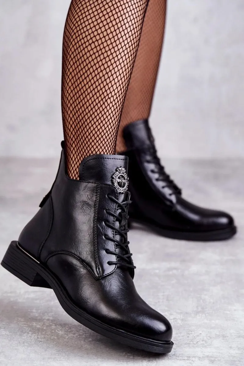Online Sznurowane Botki Na Płaskim Obcasie Czarne Grete Damskie Botki Sznurowane|Czarne Botki