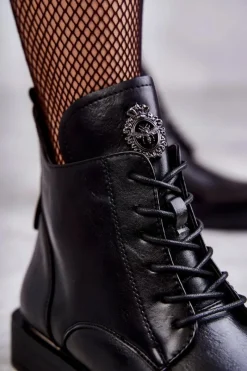 Online Sznurowane Botki Na Płaskim Obcasie Czarne Grete Damskie Botki Sznurowane|Czarne Botki