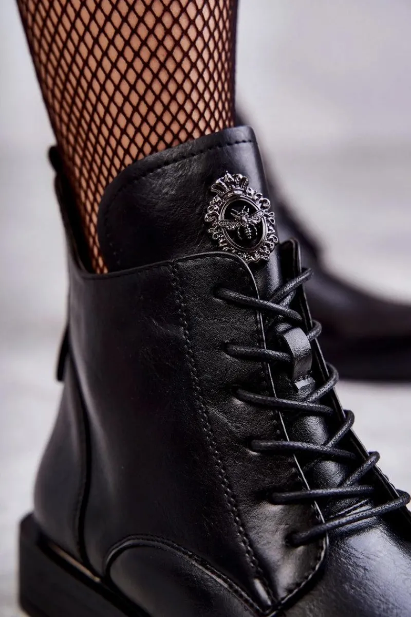 Online Sznurowane Botki Na Płaskim Obcasie Czarne Grete Damskie Botki Sznurowane|Czarne Botki