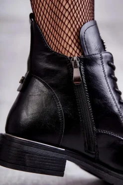 Online Sznurowane Botki Na Płaskim Obcasie Czarne Grete Damskie Botki Sznurowane|Czarne Botki