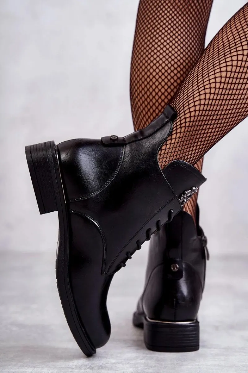 Online Sznurowane Botki Na Płaskim Obcasie Czarne Grete Damskie Botki Sznurowane|Czarne Botki