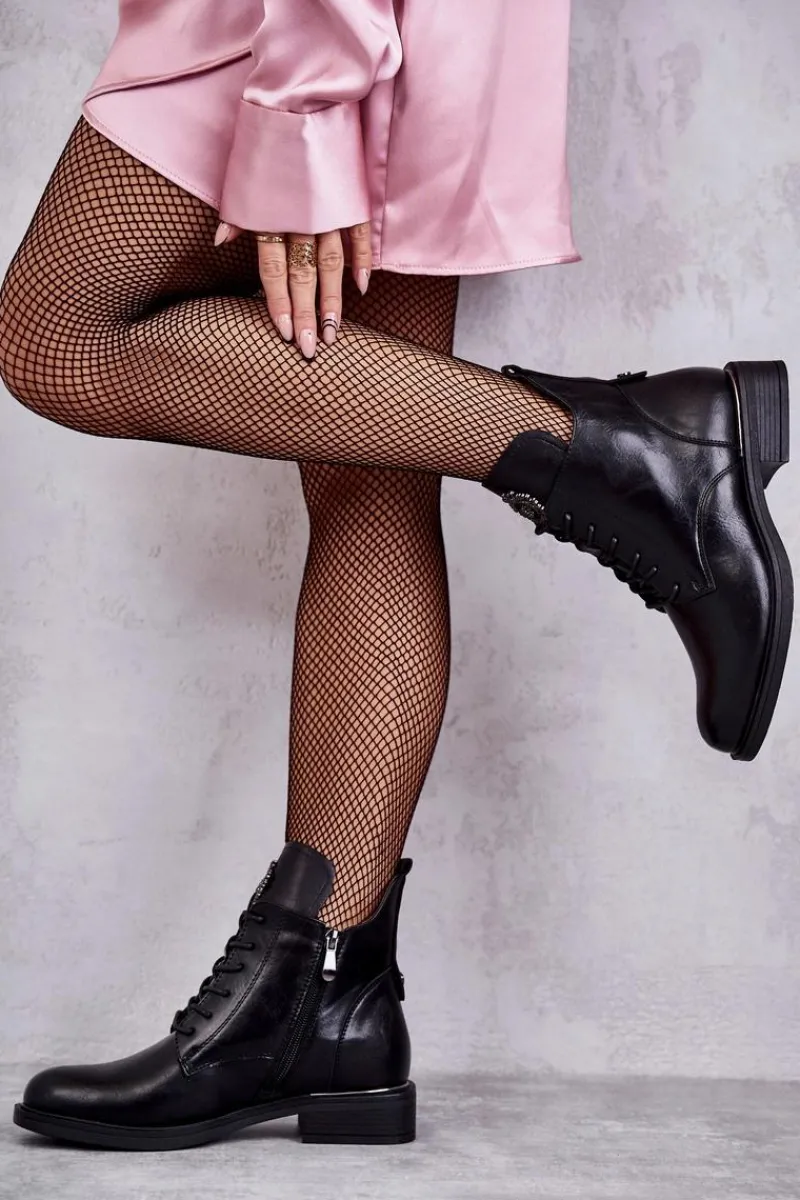 Online Sznurowane Botki Na Płaskim Obcasie Czarne Grete Damskie Botki Sznurowane|Czarne Botki