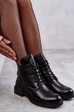 Online Sznurowane Botki Na Płaskim Obcasie Czarne Grete Damskie Botki Sznurowane|Czarne Botki
