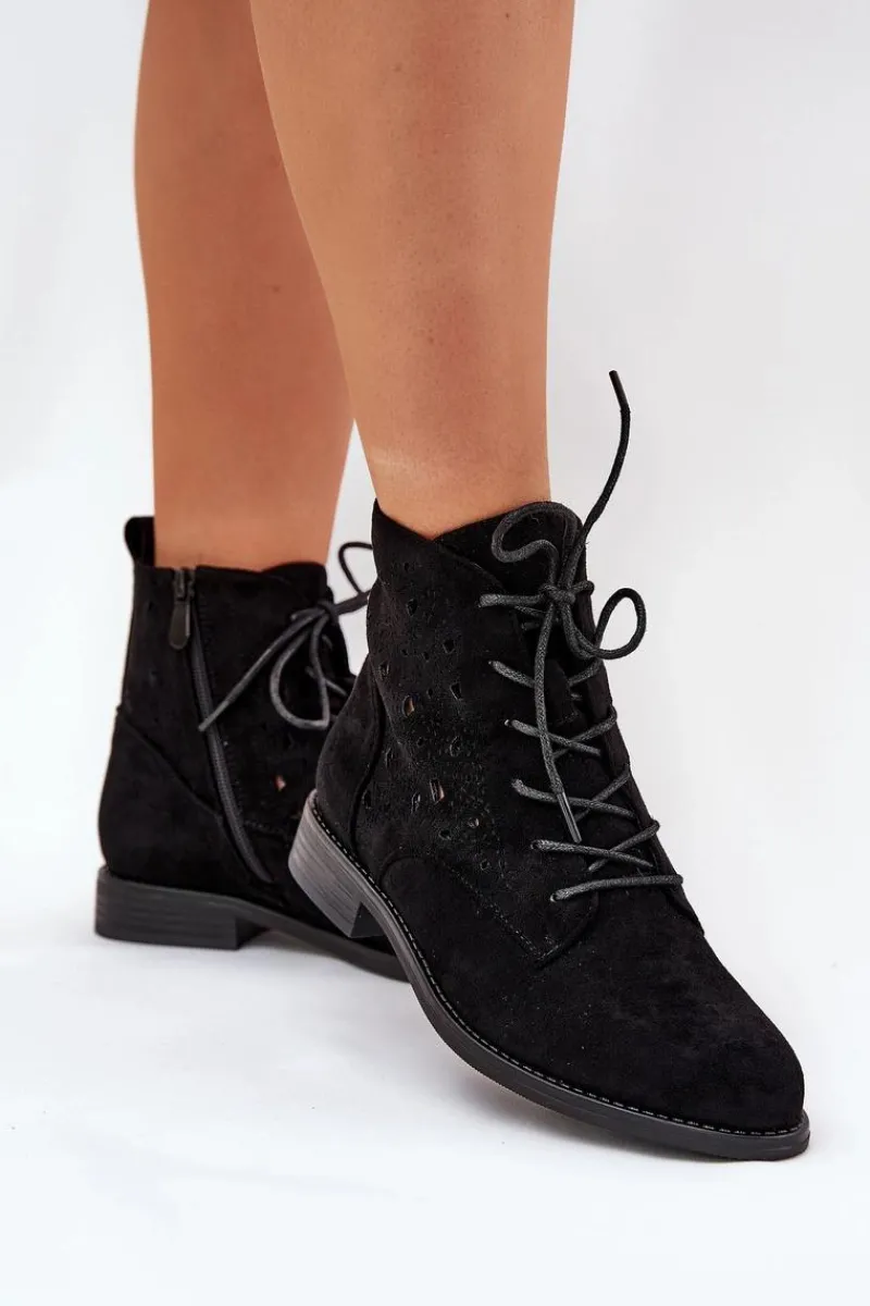 Discount Sznurowane Botki Z Ażurowym Wzorem S.Barski HY51-136 Czarne Damskie Botki Ażurowe|Brązowe I Beżowe Botki