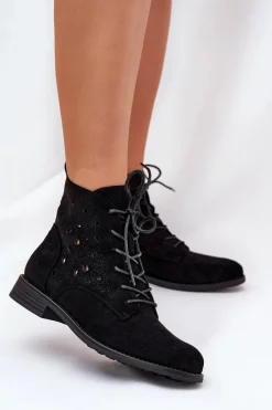 Discount Sznurowane Botki Z Ażurowym Wzorem S.Barski HY51-136 Czarne Damskie Botki Ażurowe|Brązowe I Beżowe Botki
