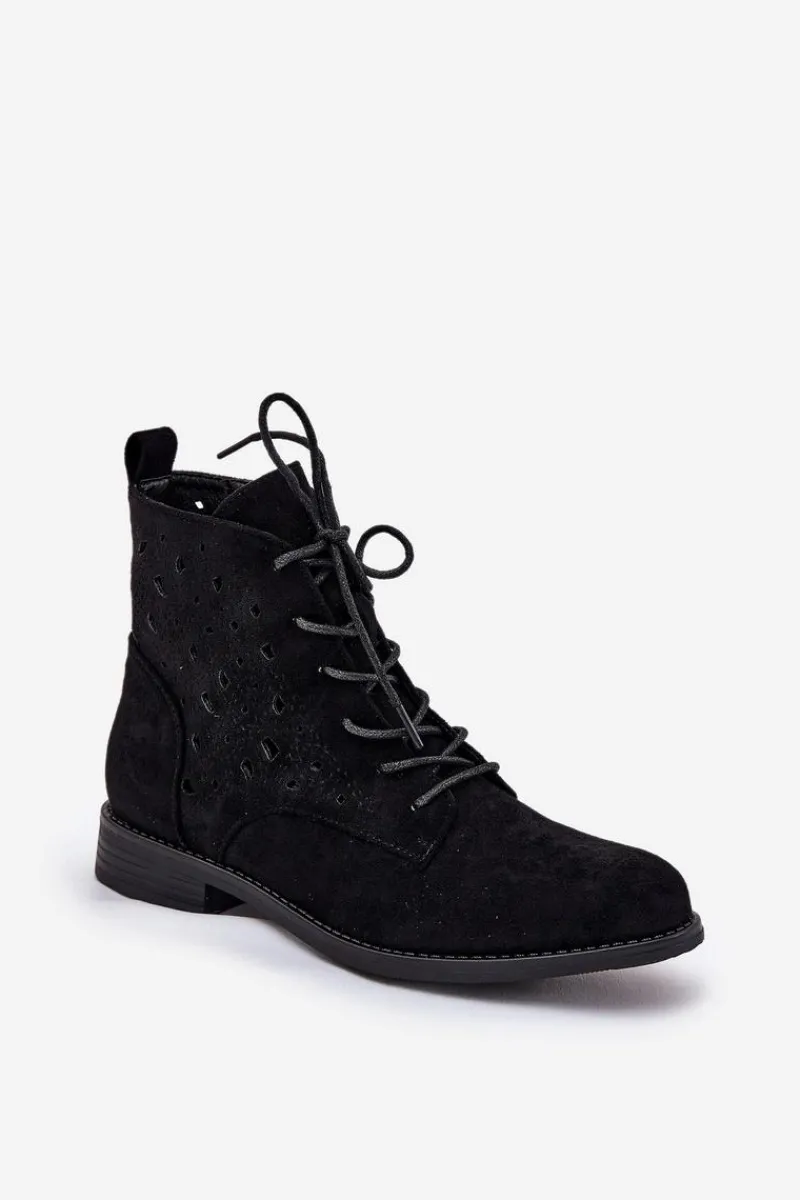 Discount Sznurowane Botki Z Ażurowym Wzorem S.Barski HY51-136 Czarne Damskie Botki Ażurowe|Brązowe I Beżowe Botki