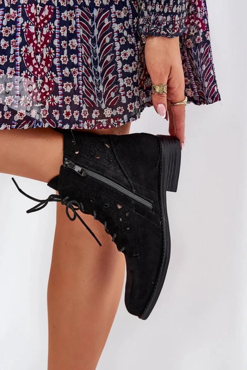 Discount Sznurowane Botki Z Ażurowym Wzorem S.Barski HY51-136 Czarne Damskie Botki Ażurowe|Brązowe I Beżowe Botki