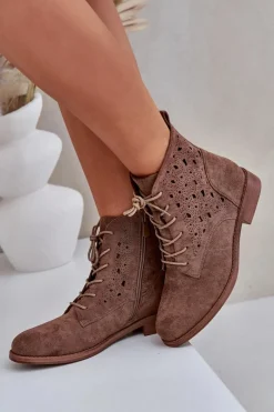 Botki Ażurowe|Brązowe I Beżowe Botki>Damskie buty S.Barski Sznurowane Botki Z Ażurowym Wzorem S.Barski HY51-136 Brązowe Brązowy