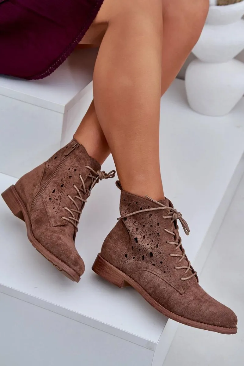 Botki Ażurowe|Brązowe I Beżowe Botki>Damskie buty S.Barski Sznurowane Botki Z Ażurowym Wzorem S.Barski HY51-136 Brązowe Brązowy