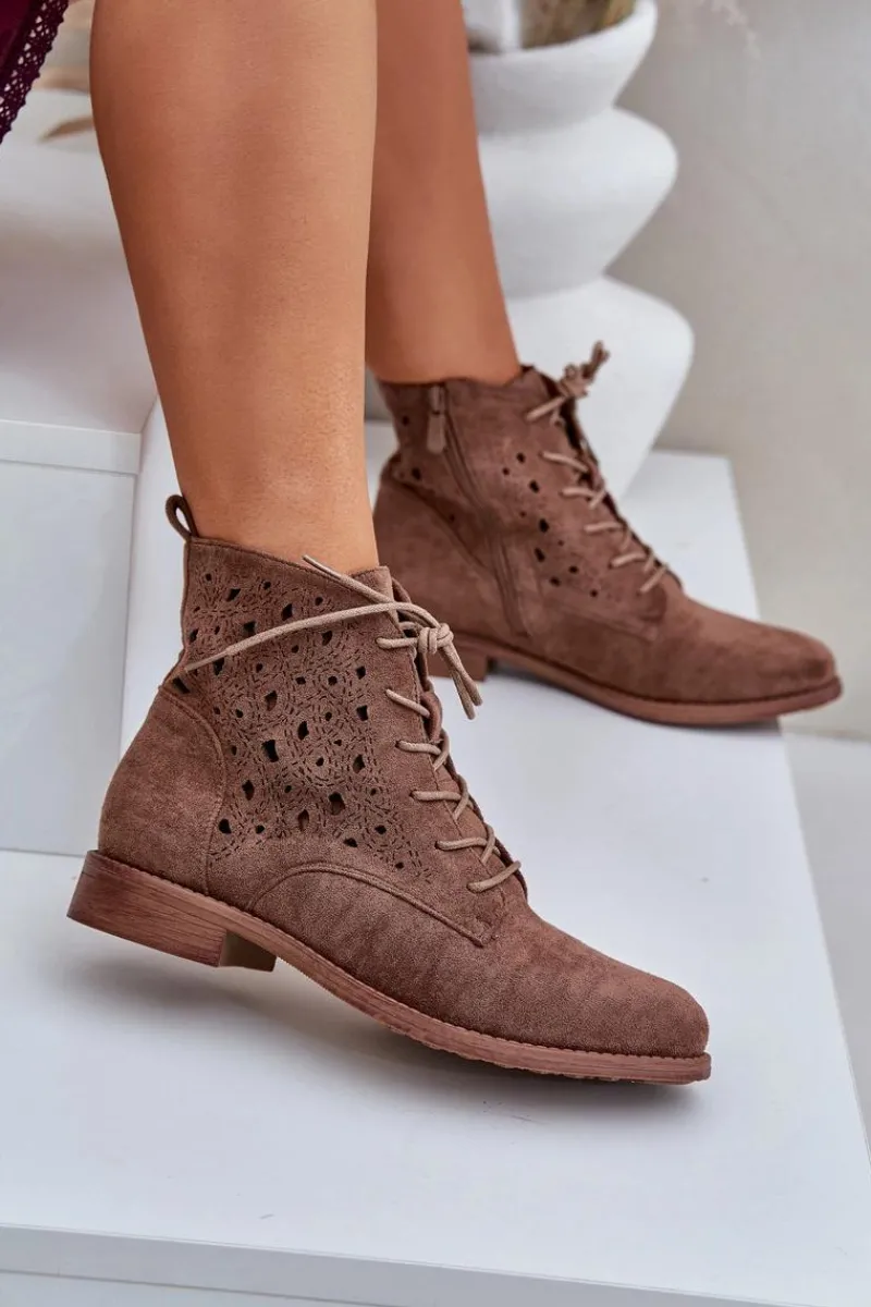 Botki Ażurowe|Brązowe I Beżowe Botki>Damskie buty S.Barski Sznurowane Botki Z Ażurowym Wzorem S.Barski HY51-136 Brązowe Brązowy