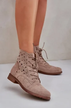 Damskie buty S.Barski Sznurowane Botki Z Ażurowym Wzorem S.Barski HY51-136 Beżowe Beżowy