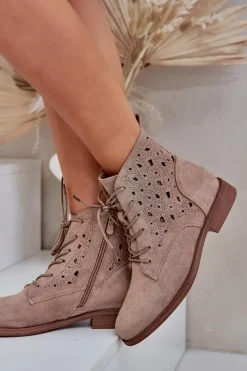 Damskie buty S.Barski Sznurowane Botki Z Ażurowym Wzorem S.Barski HY51-136 Beżowe Beżowy