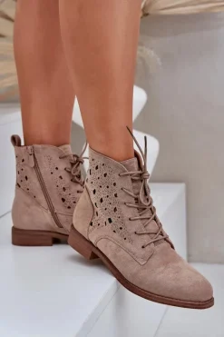 Damskie buty S.Barski Sznurowane Botki Z Ażurowym Wzorem S.Barski HY51-136 Beżowe Beżowy