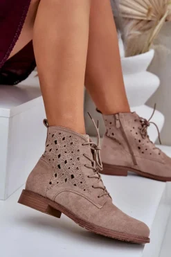 Damskie buty S.Barski Sznurowane Botki Z Ażurowym Wzorem S.Barski HY51-136 Beżowe Beżowy