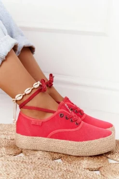 Online Big Star Shoes Sznurowane Espadryle Na Plecionej Platformie Big Star FF274141 Czerwone
