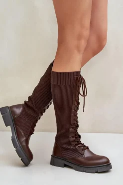 Outlet Boto Sznurowane Kozaki Z Elastyczną Cholewką Brązowe Vamilena