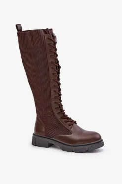 Outlet Boto Sznurowane Kozaki Z Elastyczną Cholewką Brązowe Vamilena